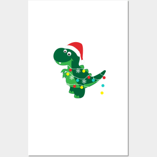 Cute Tyrannosaurus Tree Rex Funny Dino Santa Hat Christmas Dinosaur Posters and Art